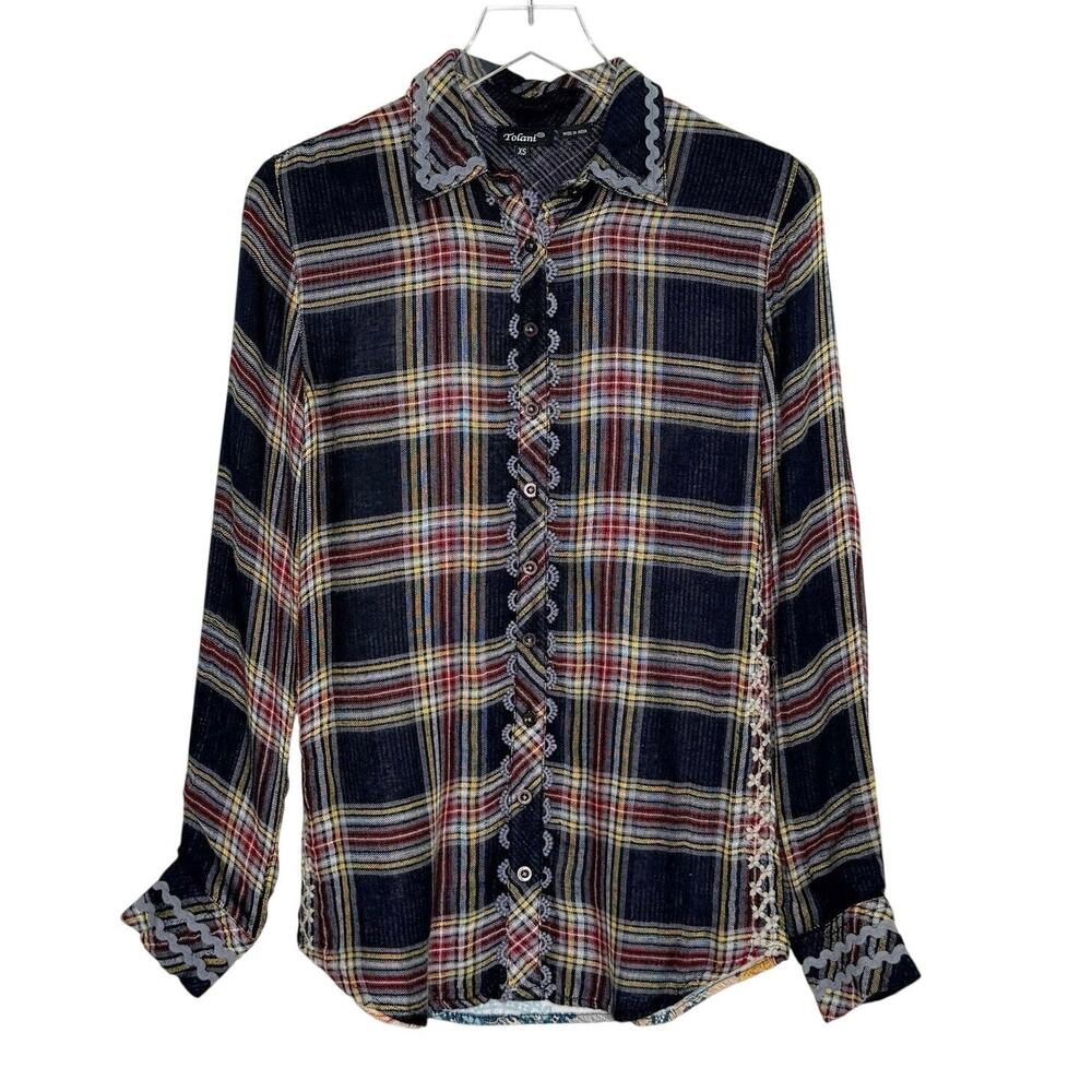 Tolani Plaid Mixed Media Patchwork Shirt XS Embroidered Floral Paisley Boho